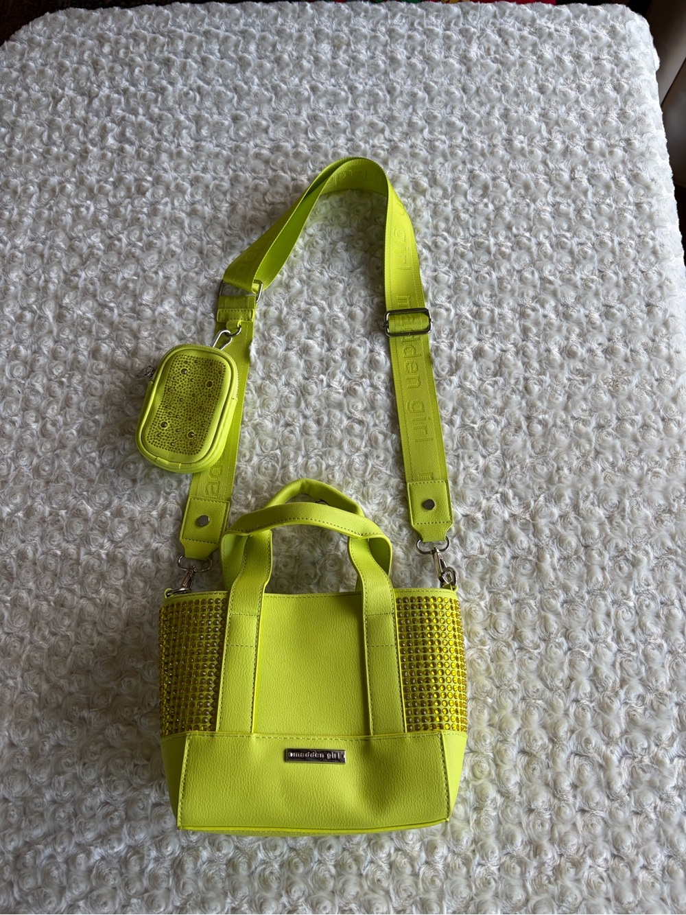 New Madden Girl Neon Yellow Green Studded Mini Tote with Detachable Strap